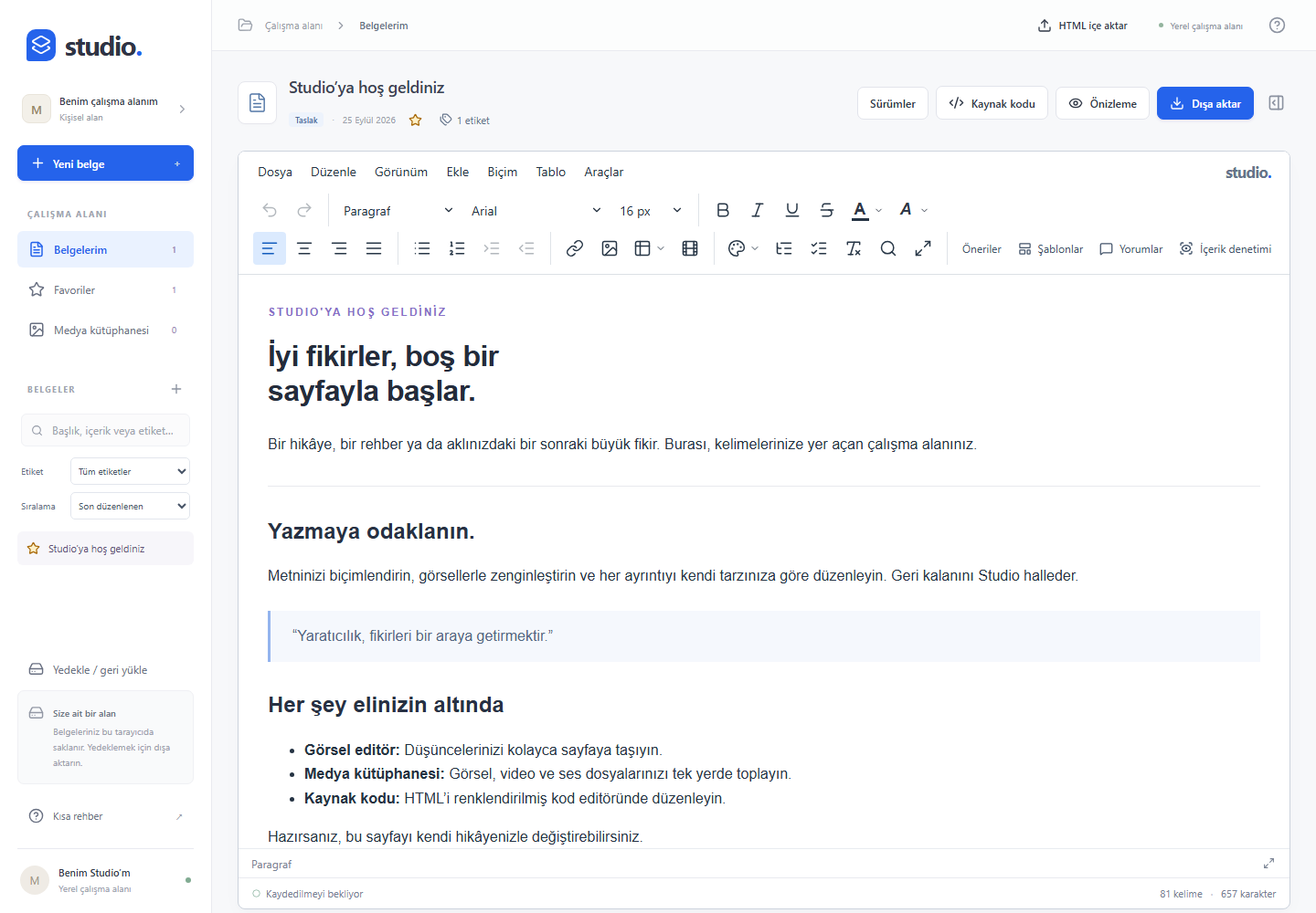 Studio Editor: solda favoriler ve etiket filtreleri, ortada biçimlendirme araçları ve açık belge.
