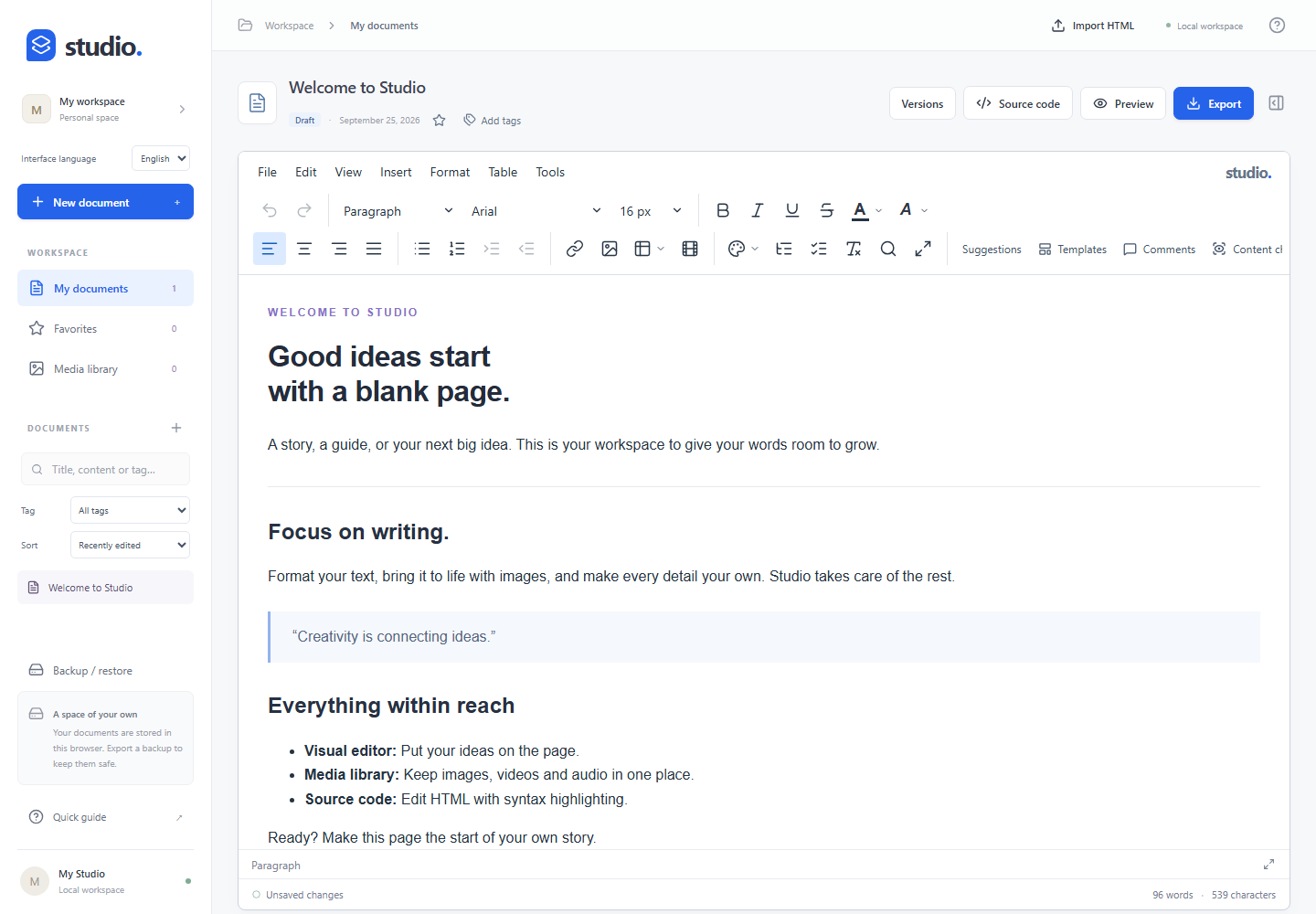 Studio Editor with favorites and tag filters on the left, formatting tools and an open document in the center.